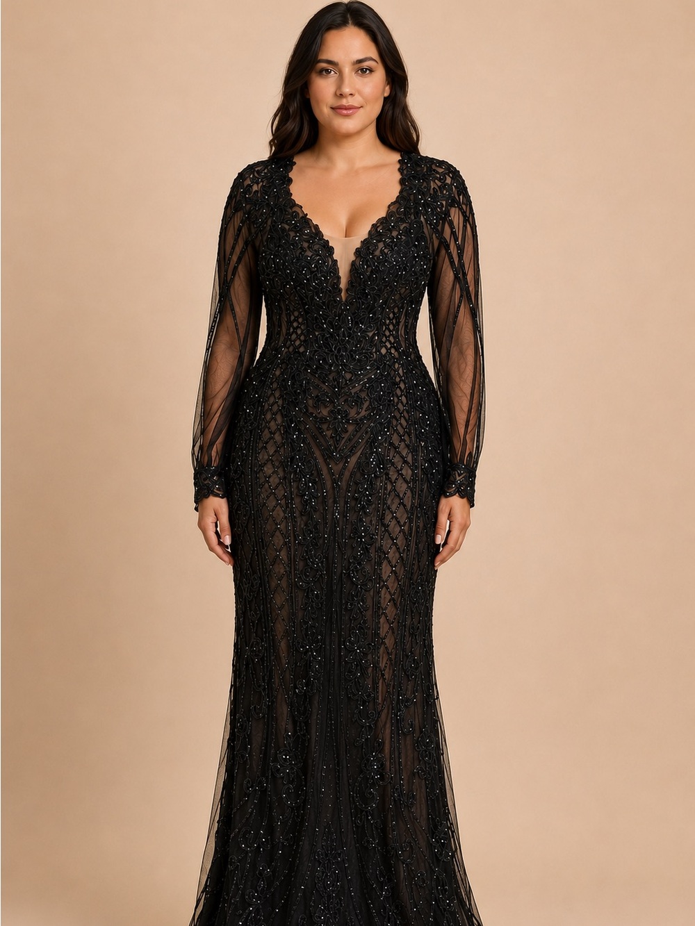 Elegant Black Beaded Long-Sleeve Evening Dress